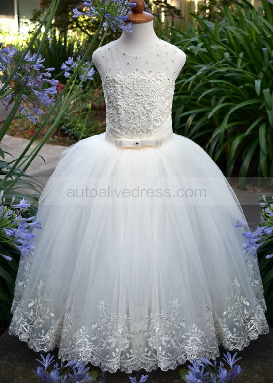 Beaded Ivory Lace Tulle Keyhole Back Flower Girl Dress